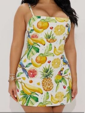Fashion Nova White Tropical Fruit & Parrot Mini Dress -XL